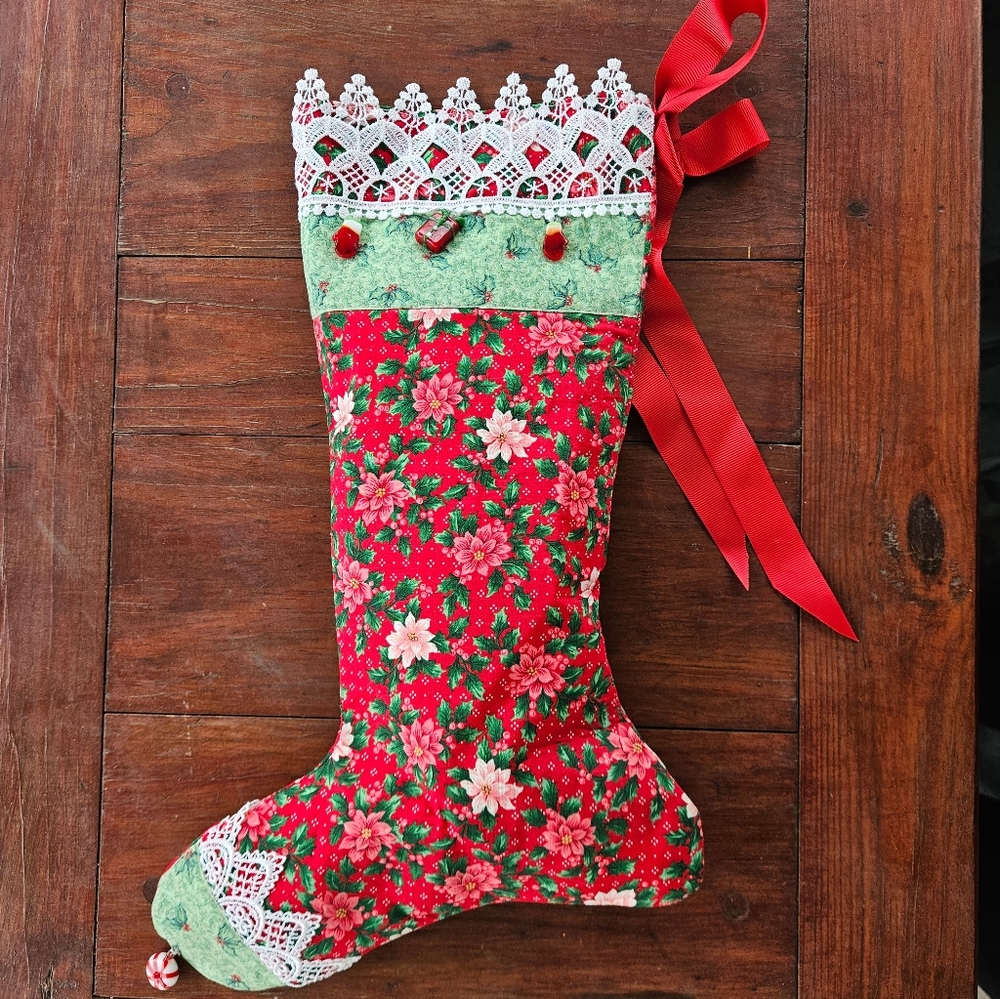 Vintage Handmade Christmas Stocking Poinsettia Print Glass Charms